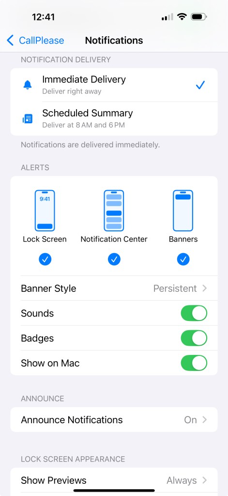 The April 2025 iOS Notifications settings for CallPlease