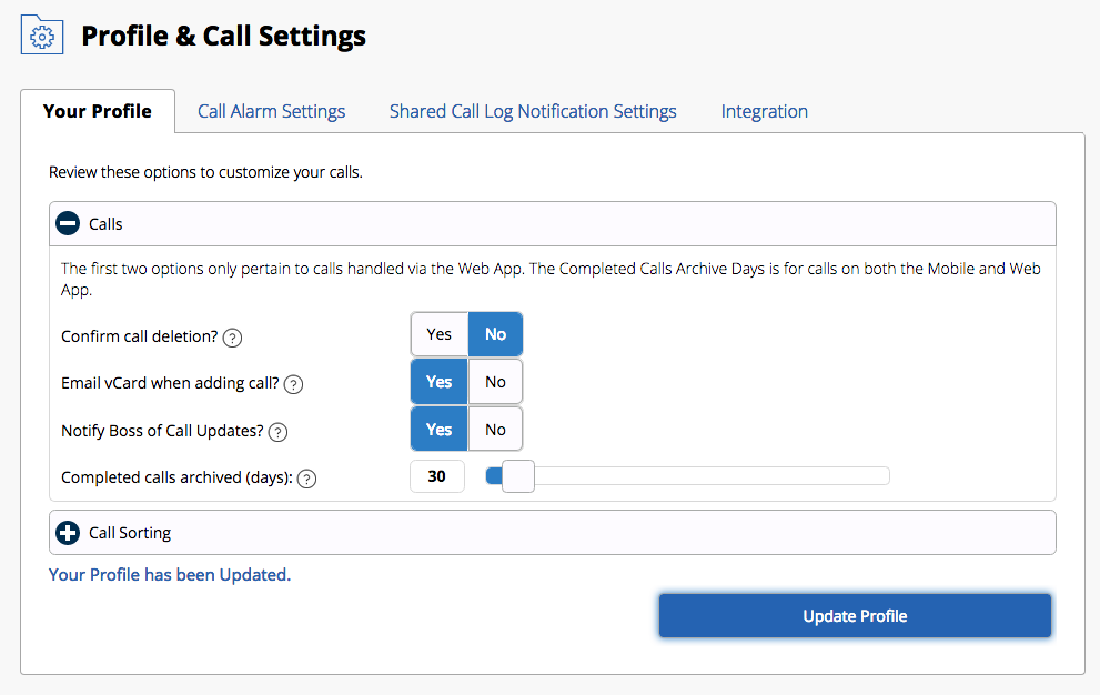 Profile &amp; Call Settings-Exec