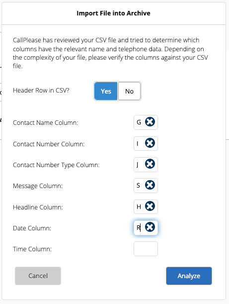 The Columns to use when importing a CallPlease log archive